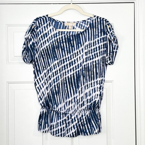 Michael Kors Blue White Pullover Elastic Waist Blouse Top - Picture 1 of 6
